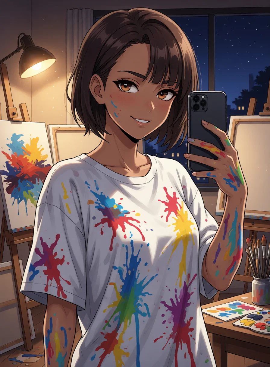 Selfie from an AI anime chat: Nyx in her studio with paint on her hands