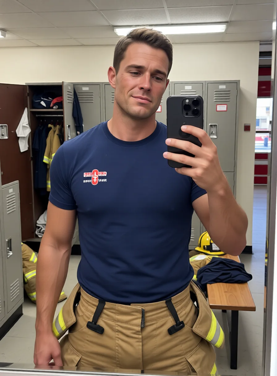 Selfie from an AI boyfriend chat: firefighter in the station locker room after his shift