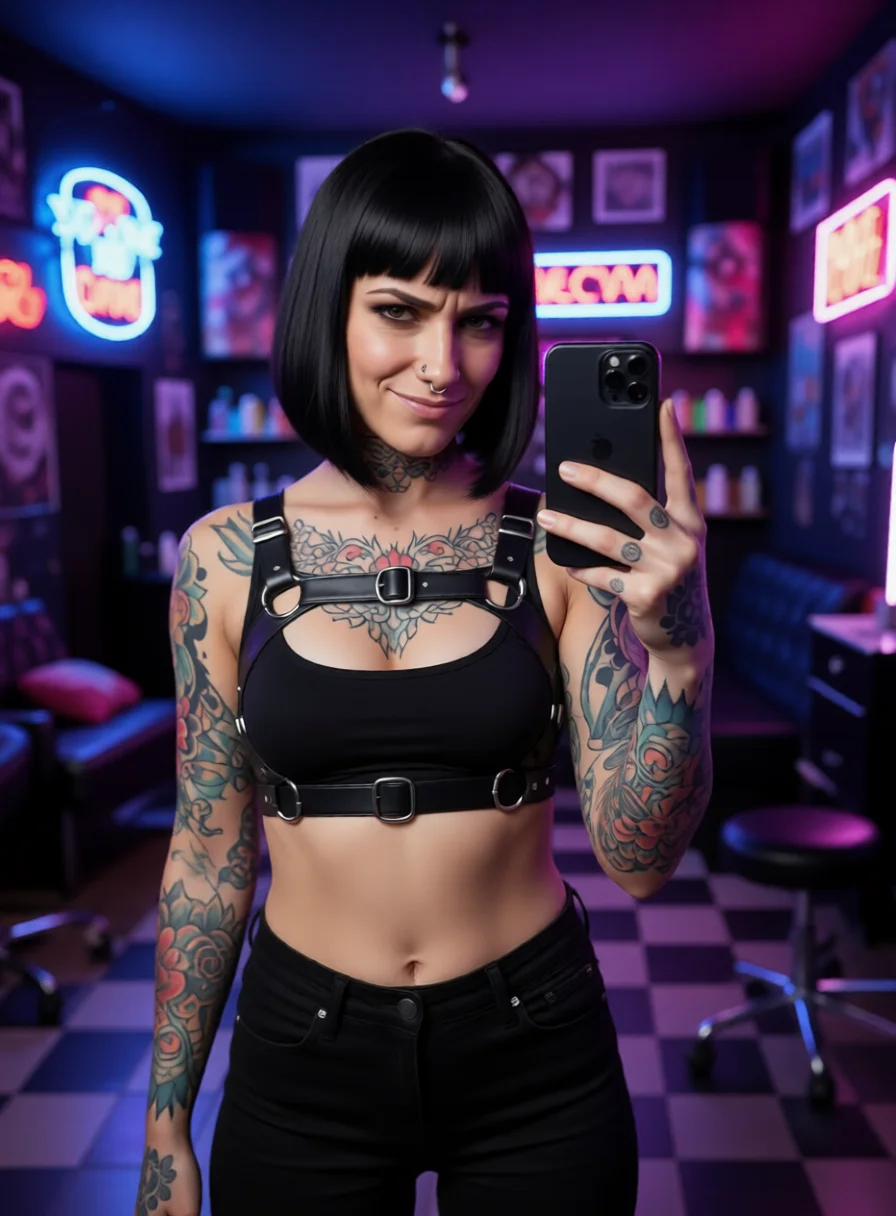 Selfie from an AI dominatrix chat: Raven in a leather harness in her neon-lit studio after hours