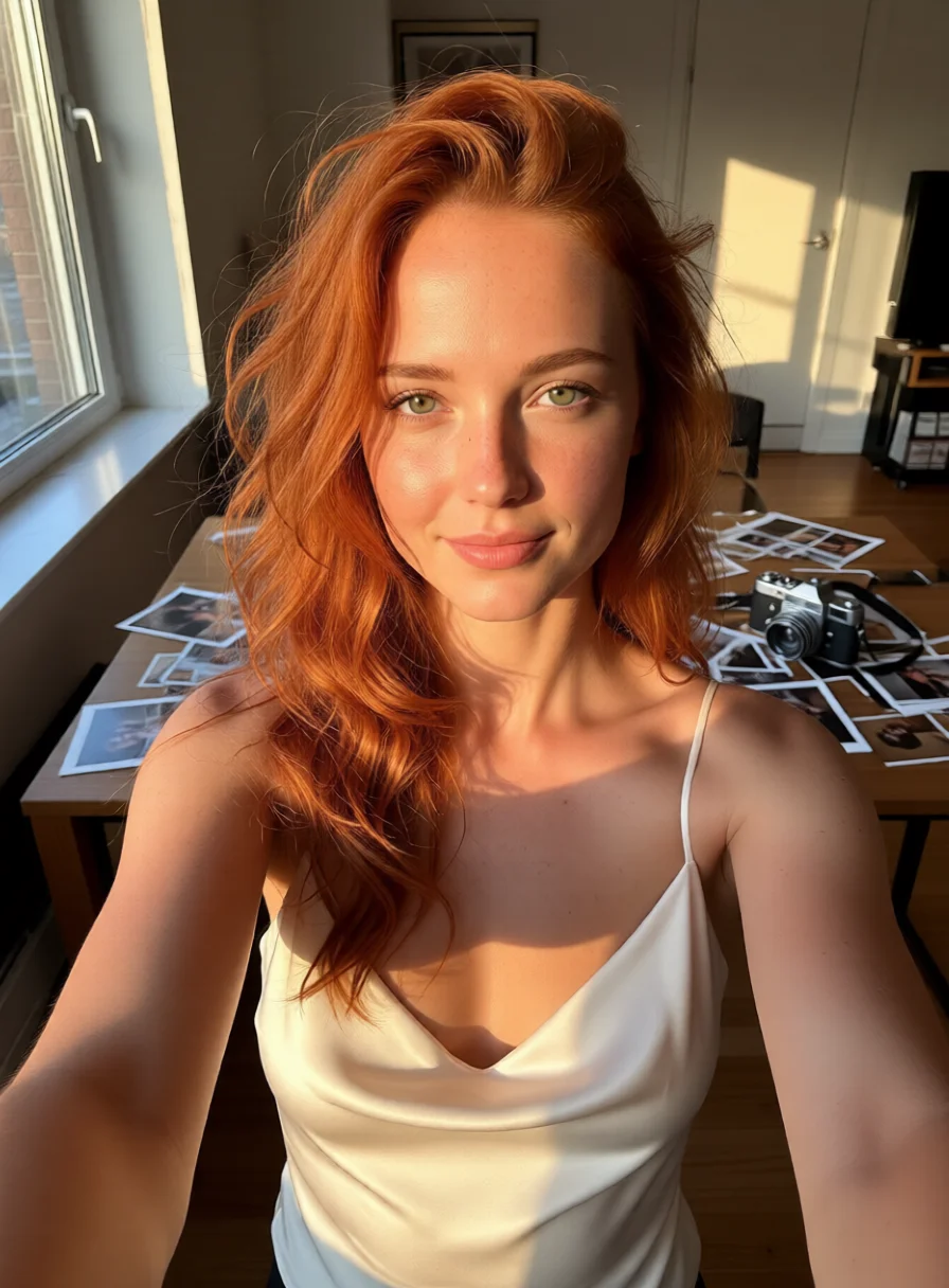 Selfie from an AI girlfriend generator companion: Scarlett at home in golden hour light after a shoot