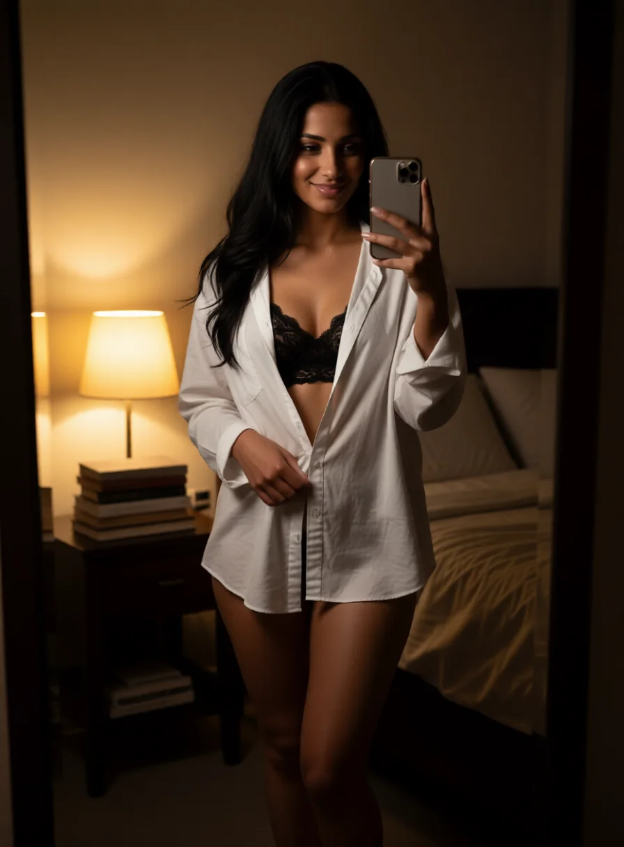 Selfie from AI sexting: Layla at home in the evening, out of her work clothes