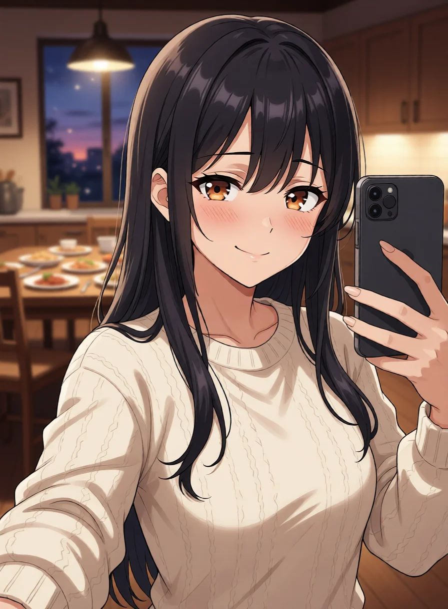 Selfie from an AI waifu: Hanae at home in the evening, waiting by the table