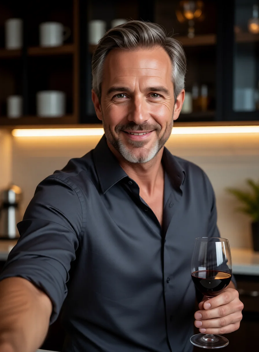 Selfie from a gay AI chat: Julian in his kitchen, charcoal shirt open, glass of wine