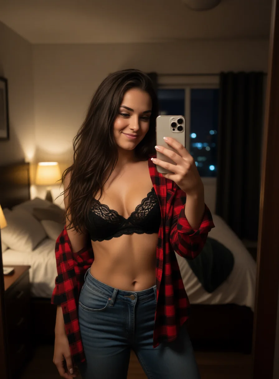 Selfie from an NSFW AI chat: Harper with her flannel open after closing the bar