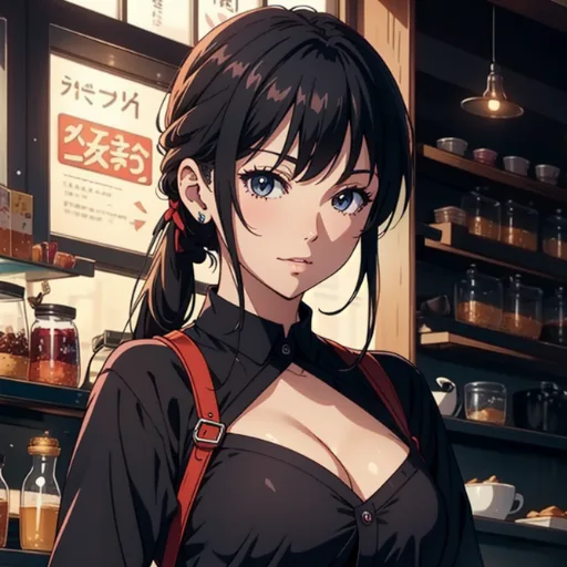 Create your own anime character for AI anime chat: black-haired anime girl in a cafe
