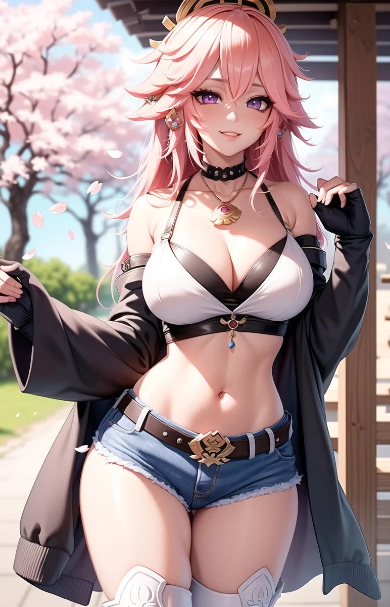 Hentai waifu with pink hair in a crop top and denim shorts, created for AI hentai chat