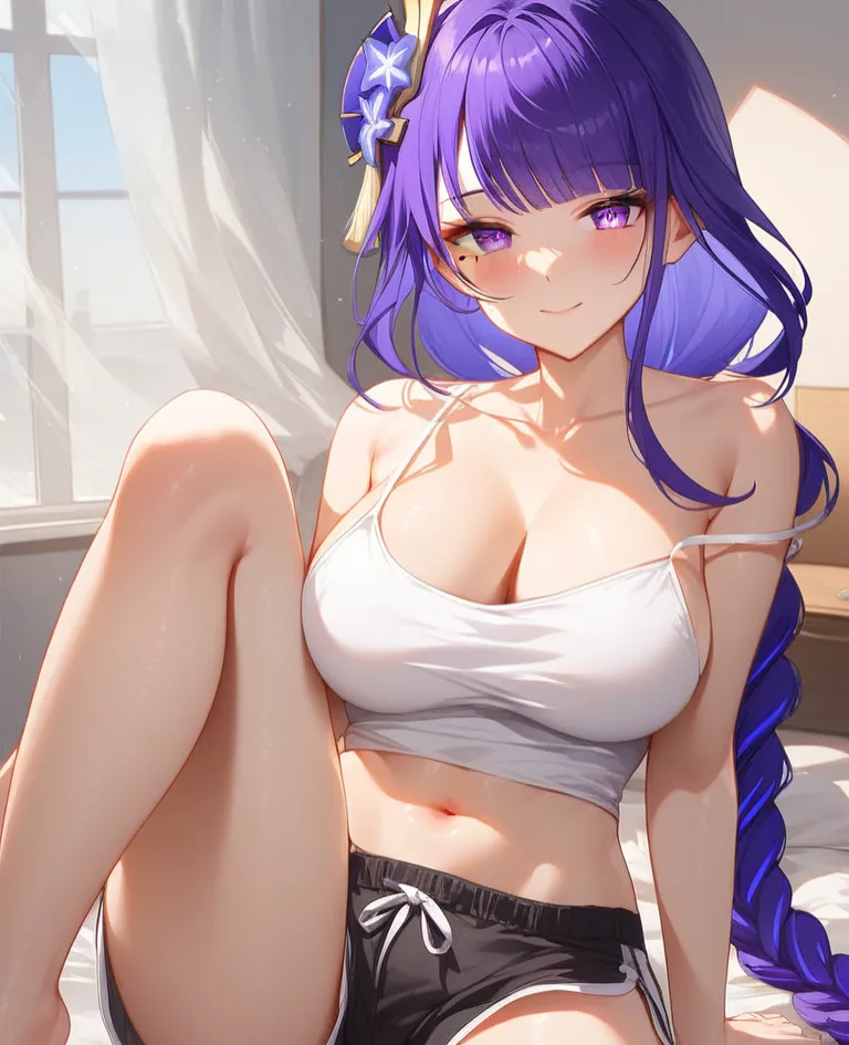 Hentai girl with purple hair in a white top on her bed, uncensored AI hentai chat