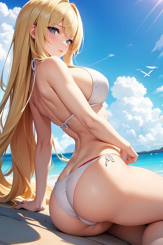 Anime AI girl in a white bikini on the beach, made with the NSFW AI image generator